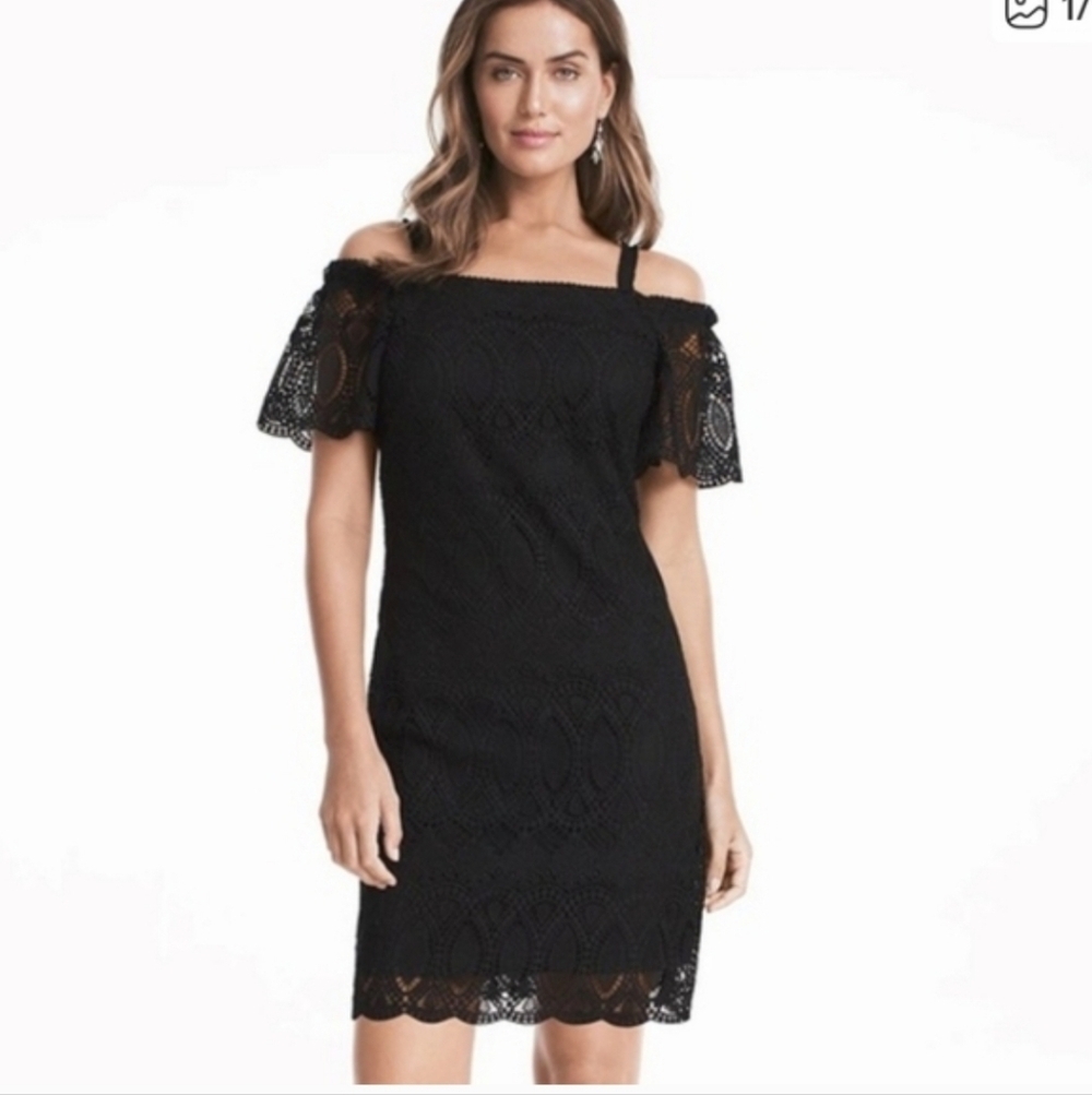 White House Black Market Cold-Shoulder Black Crochet Mini Dress Size 2 Formal